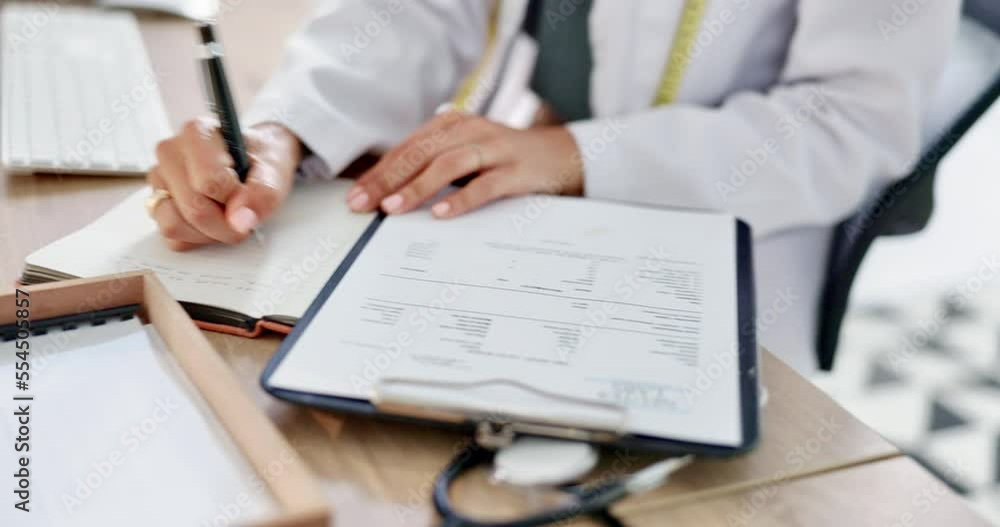 Healthcare, office and doctor writing notes while doing medical research in a medicare clinic. Professional, science and female surgeon researching medicine in hospital workplace before consultation. Healthcare, office and doctor writing notes while doing medical research in a medicare clinic. Professional, science and female surgeon researching medicine in hospital workplace before consultation.