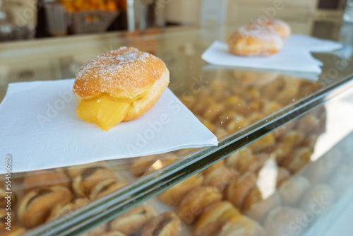 Photography Bread with cream, known as berlin ball, donut without a hole or bakery dream