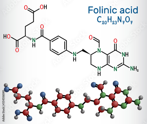 Folinic acid, leucovorin molecule. It is folate analog, used to treat colorectal cancer, pancreatic cancer. Structural chemical formula, molecule model.