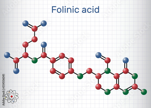 Folinic acid, leucovorin molecule. It is folate analog, used to treat colorectal cancer, pancreatic cancer. Molecule model. Sheet of paper in a cage