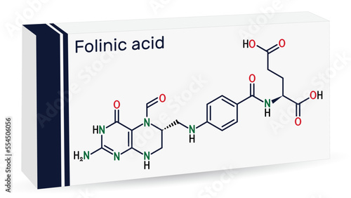 Folinic acid, leucovorin molecule. It is folate analog, used to treat colorectal cancer, pancreatic cancer. Skeletal chemical formula. Paper packaging for drugs. photo