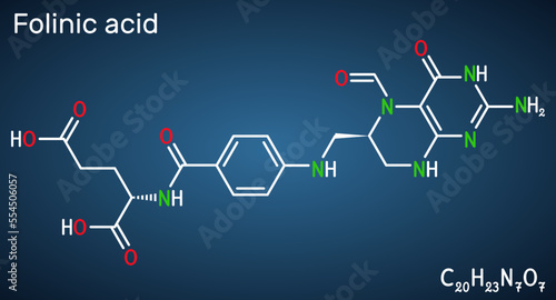 Folinic acid, leucovorin molecule. It is folate analog, used to treat colorectal cancer, pancreatic cancer. Structural chemical formula on the dark blue background