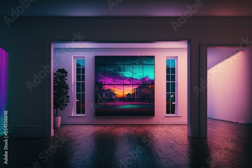 A house from inside with a huge neon color painting hanging in the middle of the room, generative ai