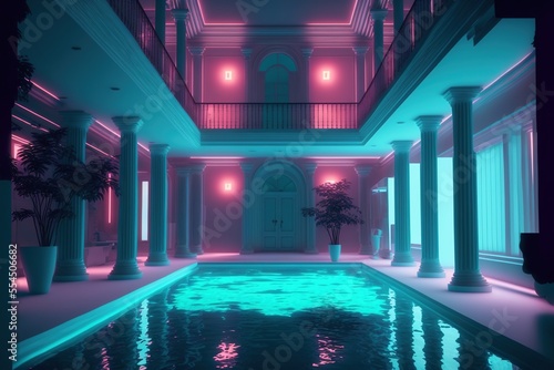 A huge luxury mansion from inside with a beautiful bright swimming pool room and neon lights, generative ai