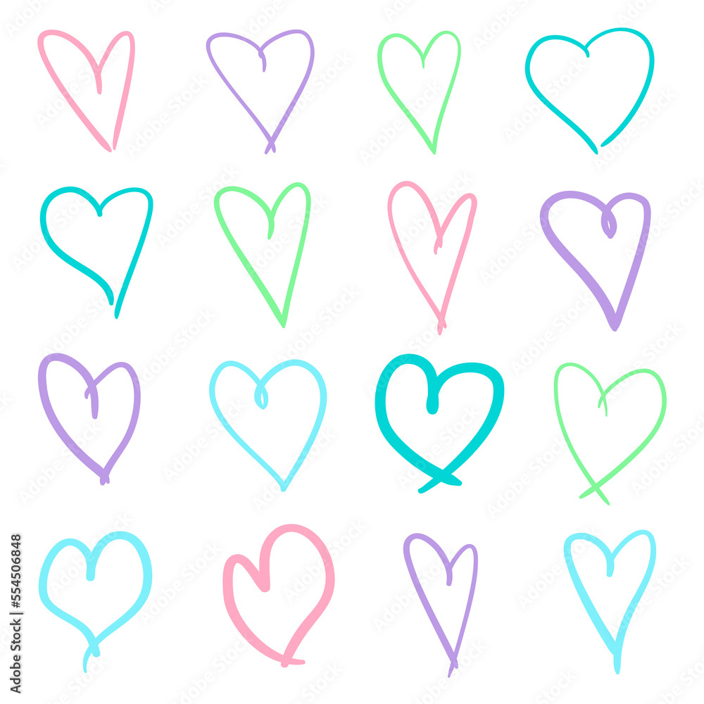 Colorful hearts on isolated white background. Hand drawn set of love signs. Unique abstract image for design. Line art creation. Colored illustration. Sketchy elements for poster or flyer