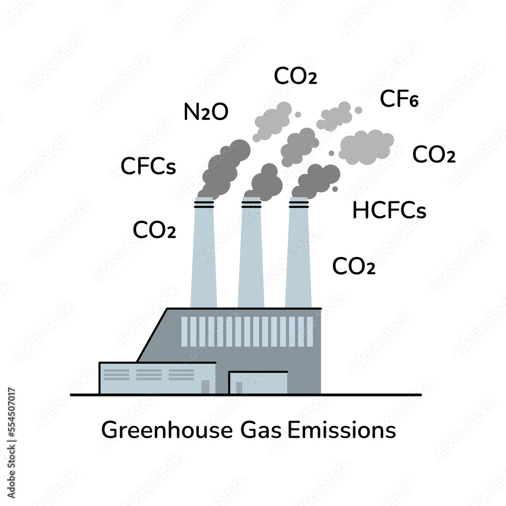 Manufacture industry greenhouse gas emissions flat vector illustration