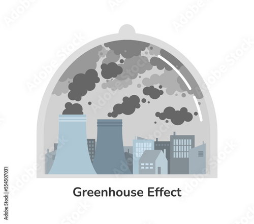Greenhouse effect flat vector illustration. City town under the glass dome full of co2 carbon fumes clouds produced by power station pipes. Global warming, air pollution, climate change concept art.