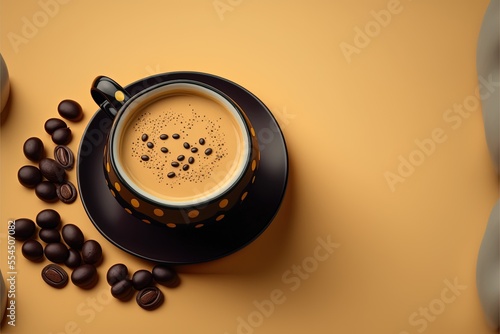 Cup of Coffee with Coffee Cream, Coffee Beans and Pastel Background with Copy Space