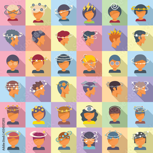 Dizziness icons set flat vector. Brain headache. Face dead