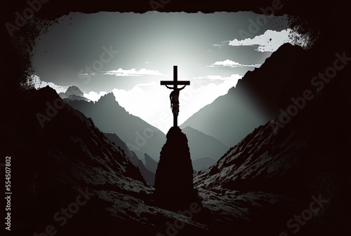 crucifix silhouette against a mountainous natural setting. Generative AI