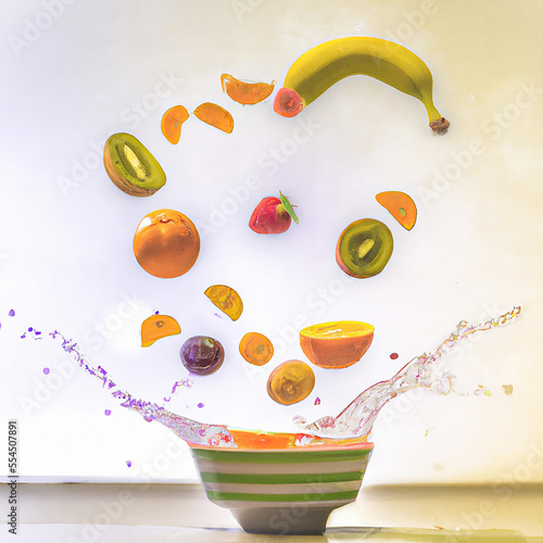  insieme di frutta buttata in bacinella di acqua, con spruzzi 
 su sfondo chiaro creato con l'intelligenza artificiale, photo