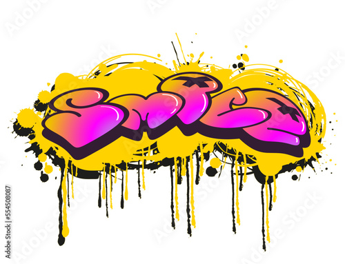 Smile  lettering grunge graffiti style. Bubble letters with blobs and smudges. Bright color lighting effect trendy vector illustration isolated on white background. 