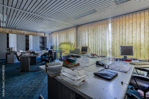 Deserted office with mold. Open plan office. Abandoned place