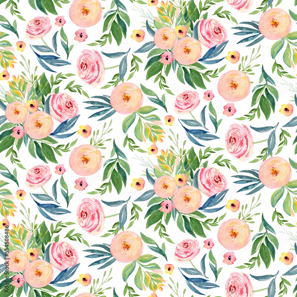 Fototapeta premium Watercolor Spring Greenery Peonies Roses Unicorn Delicate and bright watercolor for invitations