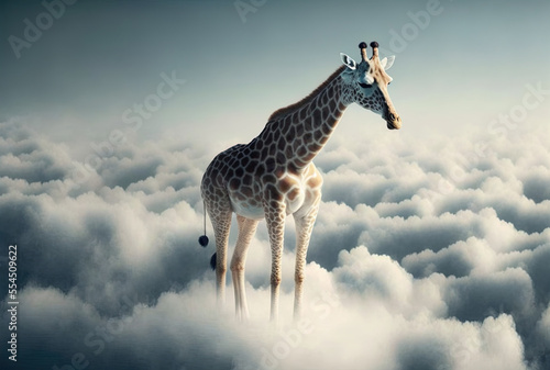 Above the clouds, a giraffe. Here is a. Generative AI