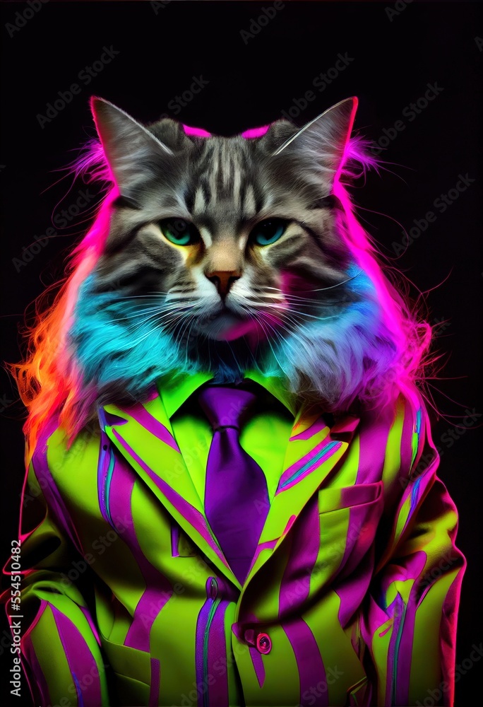 cat in retro colorful neon suit portrait