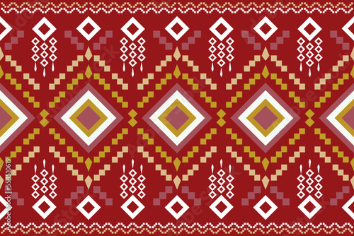 Ethnic fabric pattern geometric style. Sarong Aztec Ethnic oriental pattern traditional flower Crimson Red background. Abstract,vector,illustration.Use for texture,clothing,wrapping,decoration,carpet.