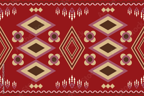 Ethnic fabric pattern geometric style. Sarong Aztec Ethnic oriental pattern traditional flower Crimson Red background. Abstract,vector,illustration.Use for texture,clothing,wrapping,decoration,carpet.