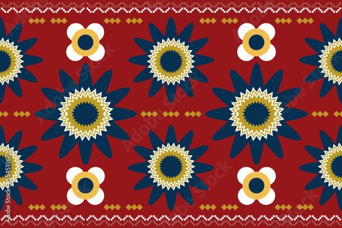 Ethnic fabric pattern geometric style. Sarong Aztec Ethnic oriental pattern traditional flower Crimson Red background. Abstract,vector,illustration.Use for texture,clothing,wrapping,decoration,carpet.