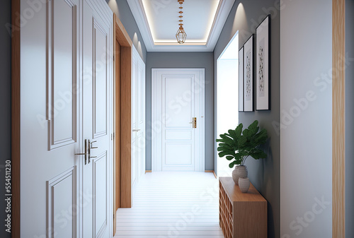 With a clothing closet, white and wooden furniture, and entry doors, the hall corridor is furnished. 2020 modern interior design. Generative AI © 2rogan