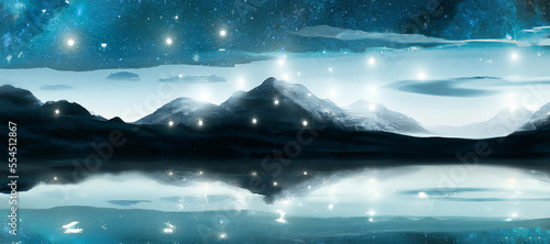 illustrazione di paesaggio notturno polare con  luci magiche  creato con intelligenza artificiale, AI photo