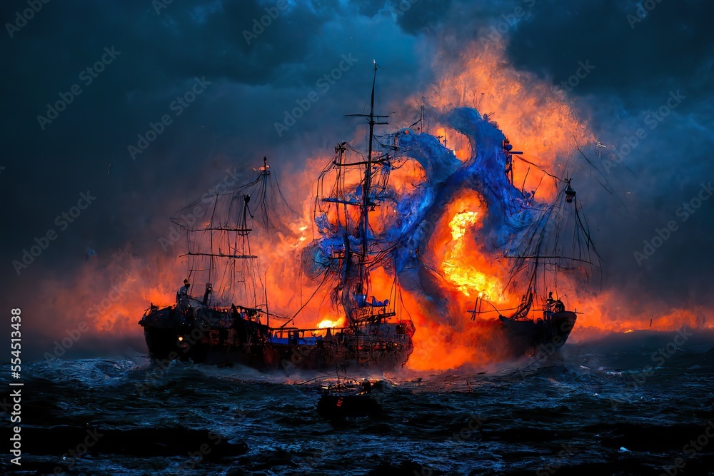 Obraz premium Burning pirate ships in the sea. Red and blue colors. Generative ai. 