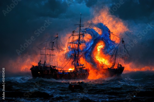 Burning pirate ships in the sea. Red and blue colors. Generative ai. 