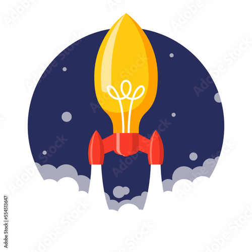 The concept of launching an idea or a startup, a rocket light bulb flies up leaving clouds of smoke.