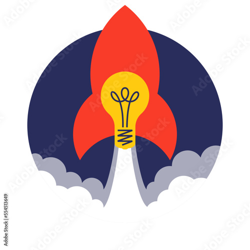 The concept of launching an idea or a startup, a rocket light bulb flies up leaving clouds of smoke.