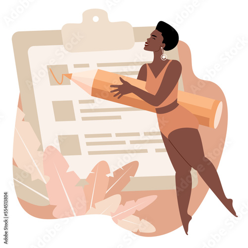A woman is holding a pencil and complete the questionnaire or checklist. Trendy hand-drawn vector flat cartoon illustration.