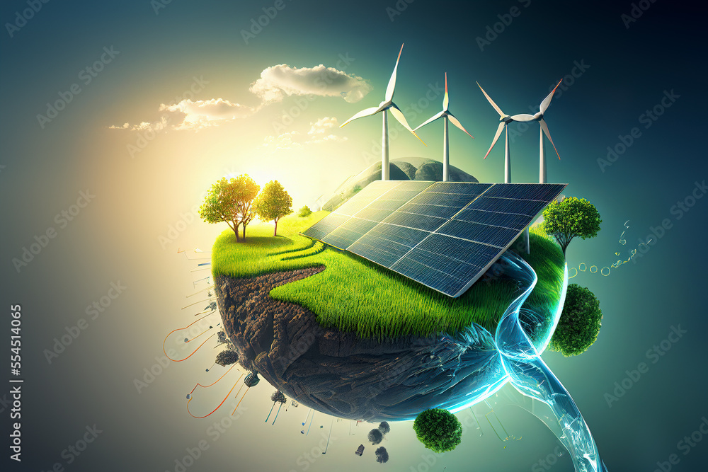 renewable energy background with green energy as wind turbines and solar panels - obrazy, fototapety, plakaty 