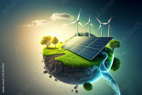 Photo renewable energy background with green energy as wind turbines and solar panels