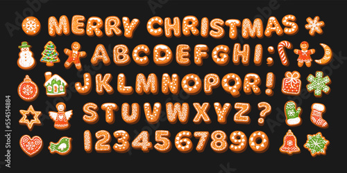 Christmas and New Year gingerbread alphabet and cookies isolated on dark background. Vector illustration.