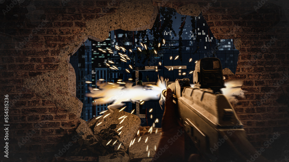 First-person shooter war game screenshot concept - man running with an ...