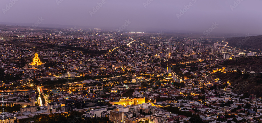view of night tbilisi from a height, night city lights