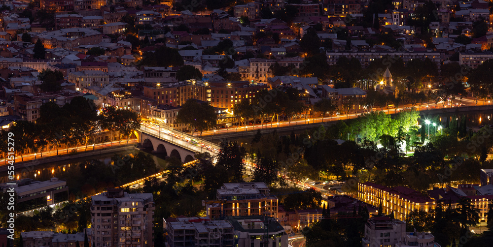 view of night tbilisi from a height, night city lights