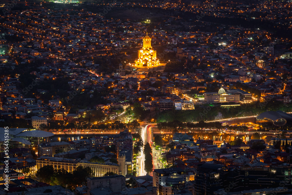 night view of Sameba church from the hill in Tbilisi, Georgia