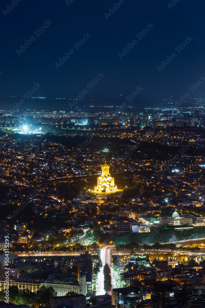 night view of Sameba church from the hill in Tbilisi, Georgia