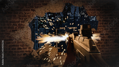 Fotografie First-person shooter war game screenshot concept - man running with an AK-47 rifle with collimator scope, and shooting to another player