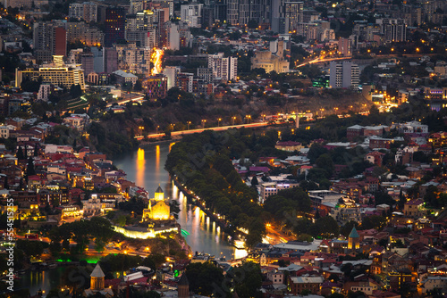 view of night tbilisi from a height, night city lights