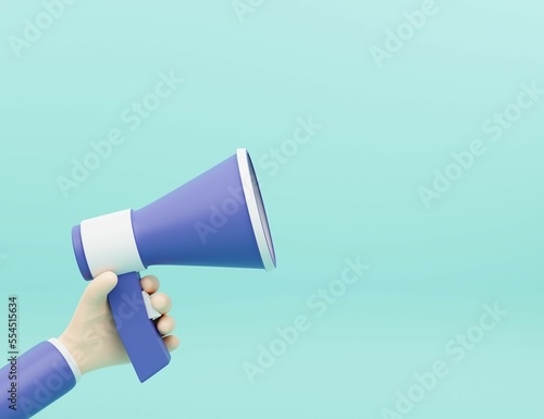 Cartoon hand holding a megaphone on a green background with copy space. 3d render illustration