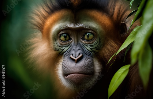 A cute monkey lives in a natural forest. Monkey face close up 