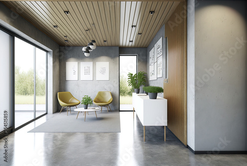 Interior of contemporary office waiting area with concrete floor, white and wooden walls, and reception desk. Generative AI