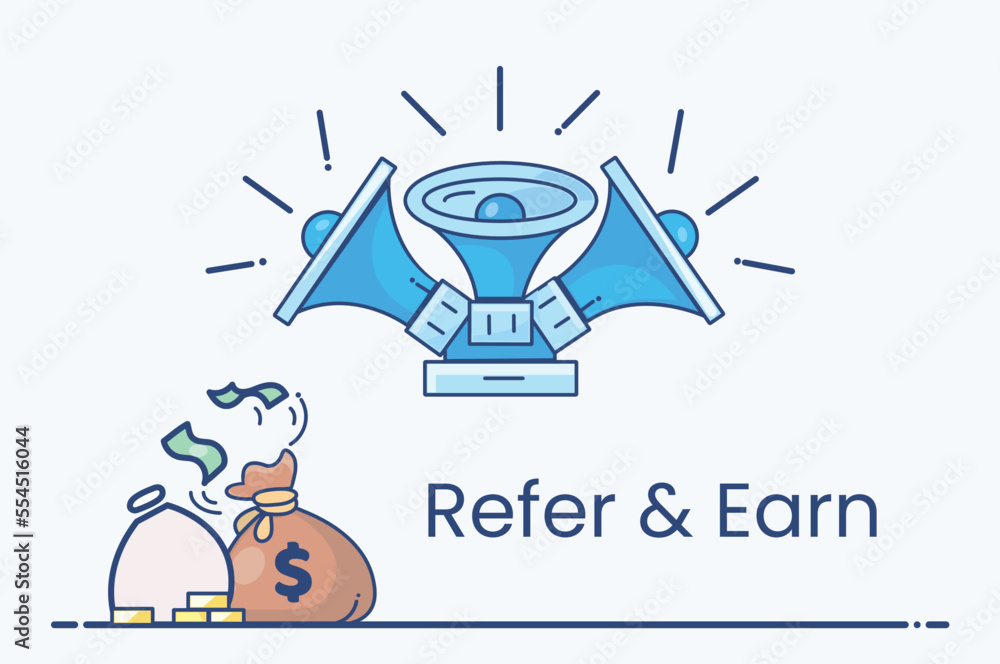 Refer and Earn, Refer a friend or Referral marketing concept. Suitable for the web landing page, UI, mobile app, banner template, affiliate marketing, online business. Invite friends, earn prizes. Vec