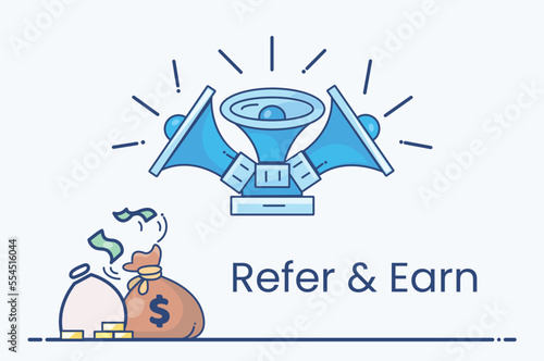 Refer and Earn, Refer a friend or Referral marketing concept. Suitable for the web landing page, UI, mobile app, banner template, affiliate marketing, online business. Invite friends, earn prizes. Vec