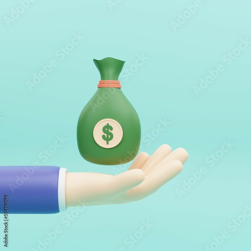 Fototapeta Naklejka Na Ścianę i Meble -  Businessman hand holding green money bag with golden coins. Concept of attraction coins. Financial metaphor, revealing the concept of cashback and making money. 3d render