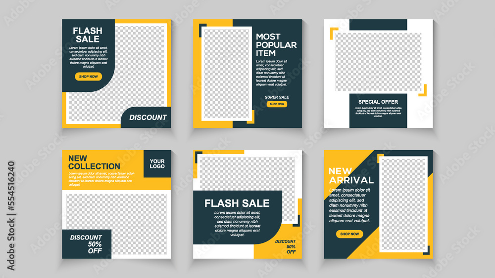 Set of Social Media Post, Blue dark and yellow background color with stripe line shape. Suitable for social media post and web internet ads. Vector illustration with photo college Set of Social Media Post, Blue dark and yellow background color with stripe line shape. Suitable for social media post and web internet ads. Vector illustration with photo college