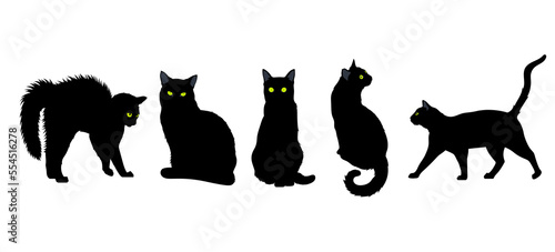 Obraz na płótnie set of vector silhouettes of black cats with green eyes