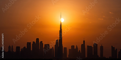 7th Oct 2022 - Dubai  UAE  Panoramic silhouette view of Dubai skylines and Burj Khalifa during the golden sunset hour