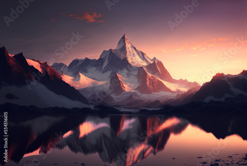 beautiful mountain backdrop at dawn. Generative AI